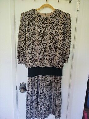 Vintage 80s Liz Roberts Zebra Print Pleated Midi Drop Waist Dress Medium